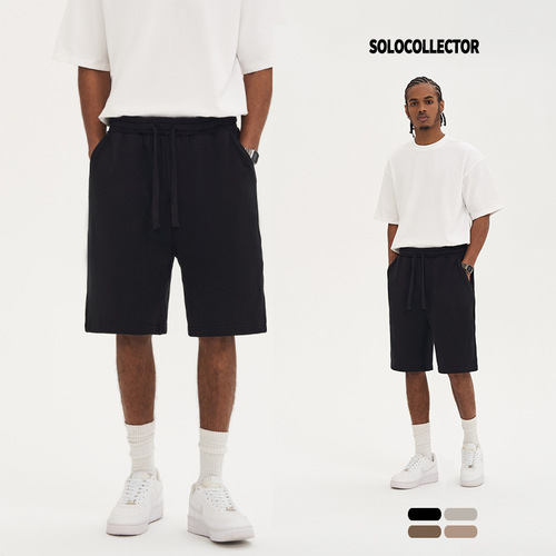 2024 Summer 380G Terry Cotton Men's Shorts Solid Color High Street Drawstring Five Points Casual Pants Men's Trendy Brand