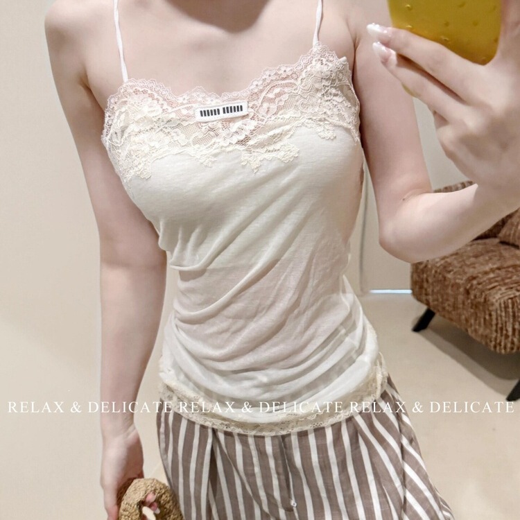 1*1 Modal French-Style New Design Lace Splicing Slightly See-Through Sexy Camisole Women's Summer White Top