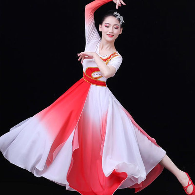 女性用クラシックダンスパフォーマンス服、中国風コンテンポラリーダンス服、ファンダンススーツ、大人用スイングスカート、エレガントで雰囲気のある|undefined