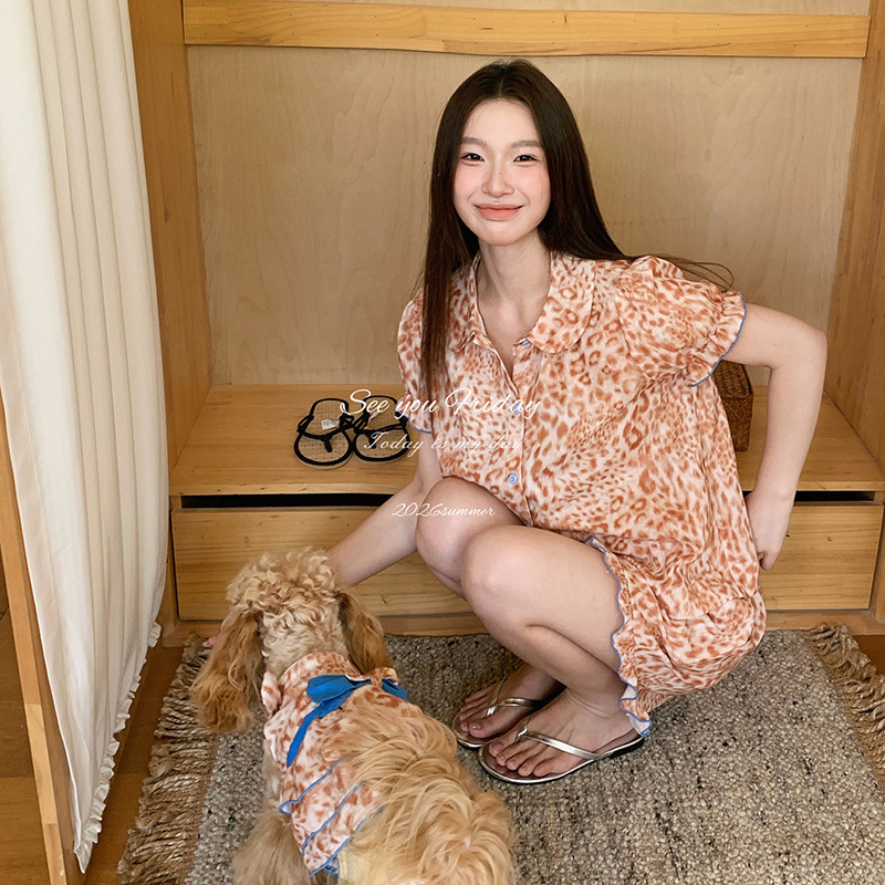 Cute Leopard Print Doll Collar Short-Sleeve Pajama Set with Girly Puff Sleeves, New for Summer 2026 in Korea Cute Leopard Print Doll Collar Short-Sleeve Pajama Set with Girly Puff Sleeves, New for Summer 2026 in Korea