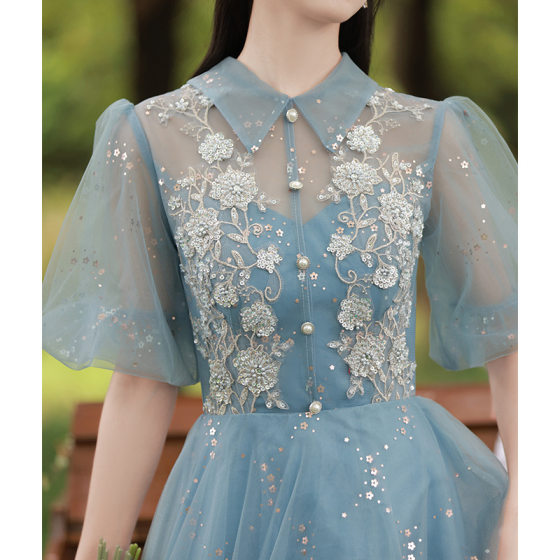 Elegant Evening Dress Dress 2024 New Spring Banquet Blue Vocal Art Test Bridesmaid Host Performance Dress Female