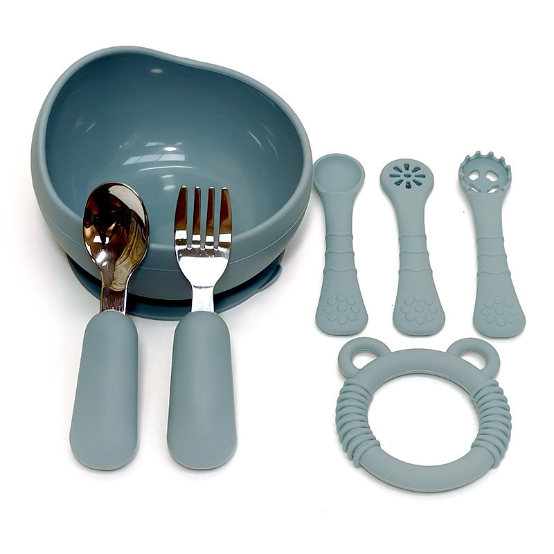 오션 블루 (어린이 그릇 + 곰 치발기 + 원형 포크 + 트레이닝 포크와 스푼)