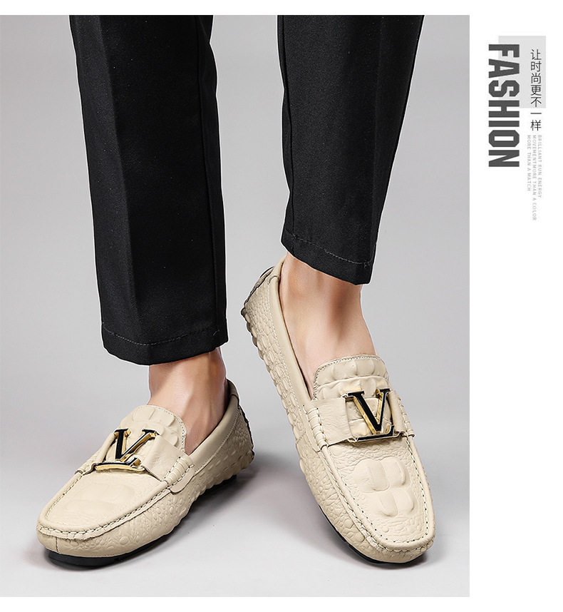 Giày lười nam da bò vân cá sấu mũi tròn, đế bằng, kiểu lái xe cỡ lớn — V6655 màu kaki quý phái, V6655 màu nâu quý ông, V6655 màu đen quý phái, Vàng địa phương V6655 chi tiết 21