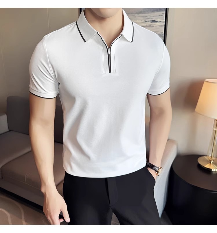 "Men's Slim-Fit Zip Polo Shirt – Breathable Cotton Short Sleeve With Embroidered Detail, Business Casual Summer Top (3 Colors, Sizes M-XXXXL)"_viptrois.com