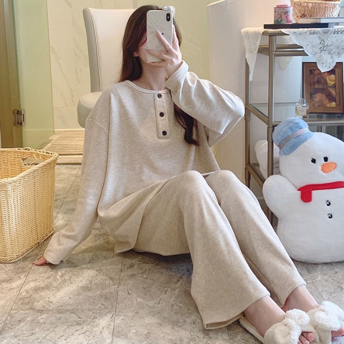 胖mm睡衣女秋冬季新款绵羊绒长袖套装简约风加肥大码家居服可外穿|undefined