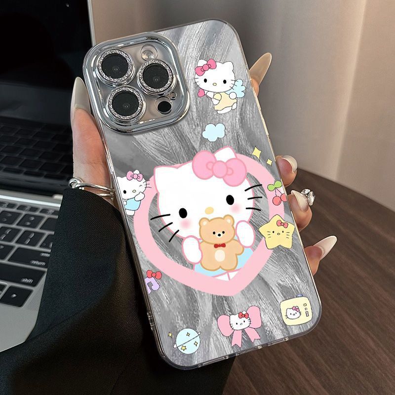 Cute Hello Kitty Apple 16Pro Mobile Phone Case 15/14Pro/13Pm Cream Case Transparent 12 Bracket All-Inclusive