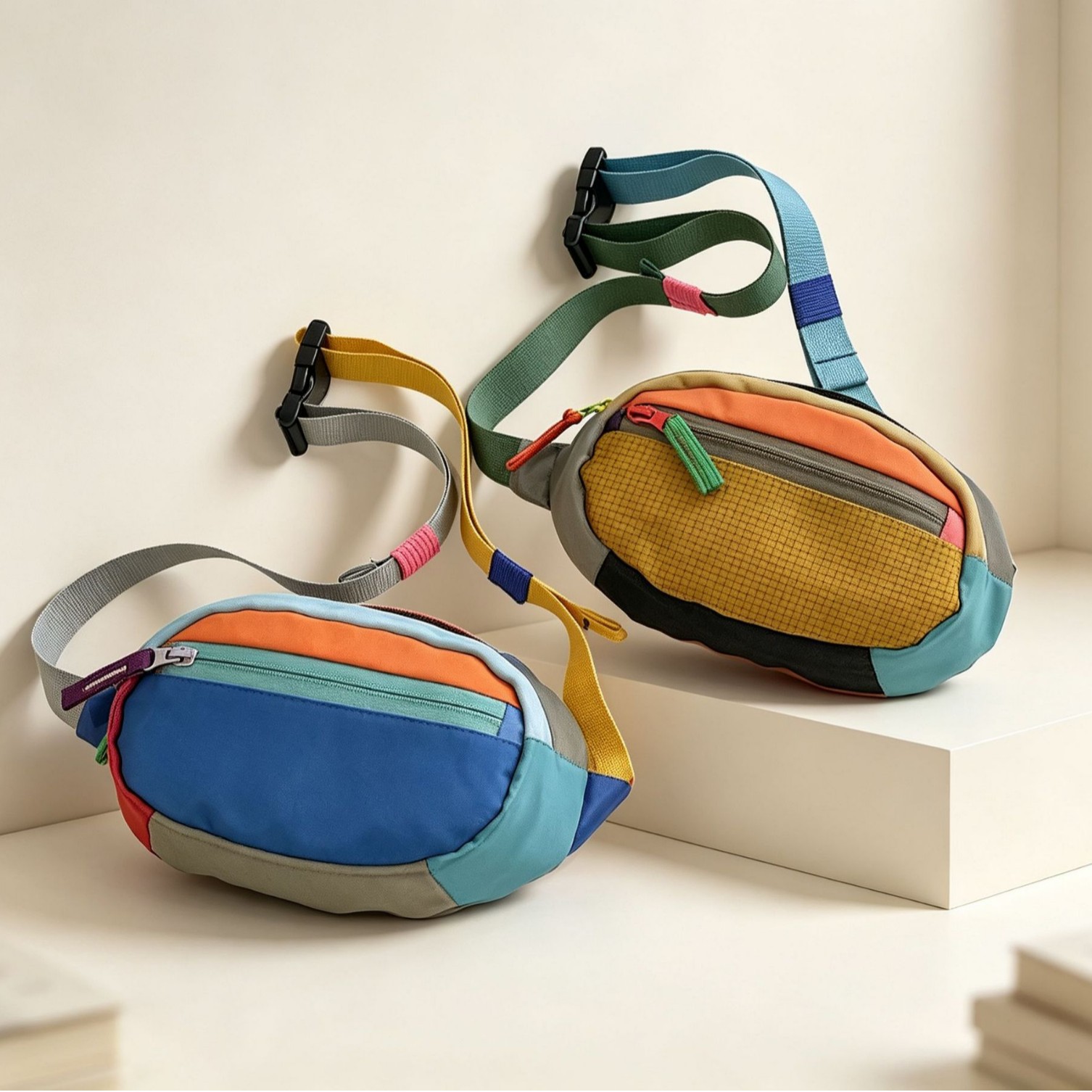 Mountain-style color-blocking waist bag for men and women, outdoor plaid crossbody bag, dopamine multi-compartment casual chest bag wholesale