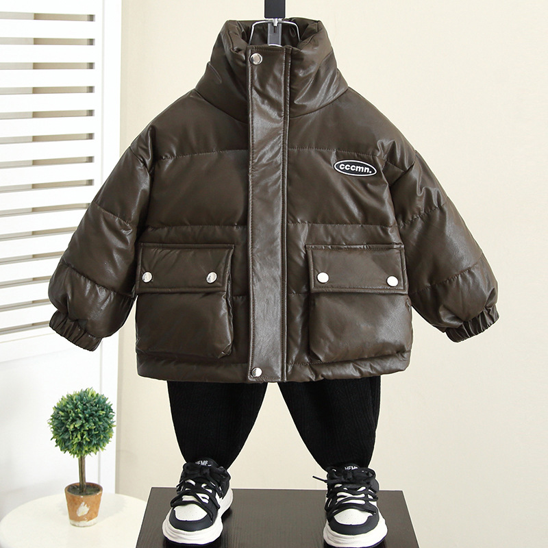 6872 chaqueta de plumón para niños invierno 2024 nuevo estilo estilo occidental bebé tres pruebas desechables terciopelo de pato blanco chaqueta de cuero gruesa para niños