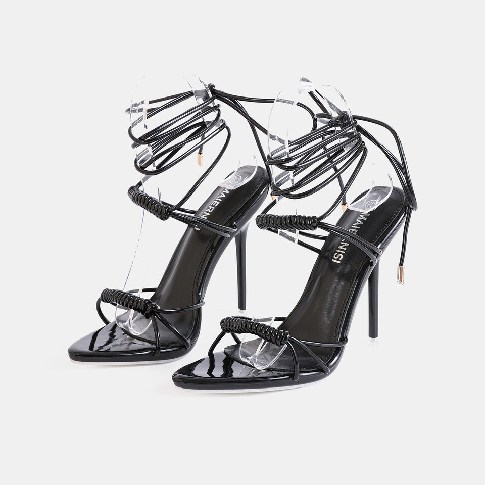 Sandal nữ gót nhọn 12 cm quai ngang siêu mảnh buộc dây cỡ lớn — Màu be, Màu bạc, Màu trắng, Màu tím chi tiết 5