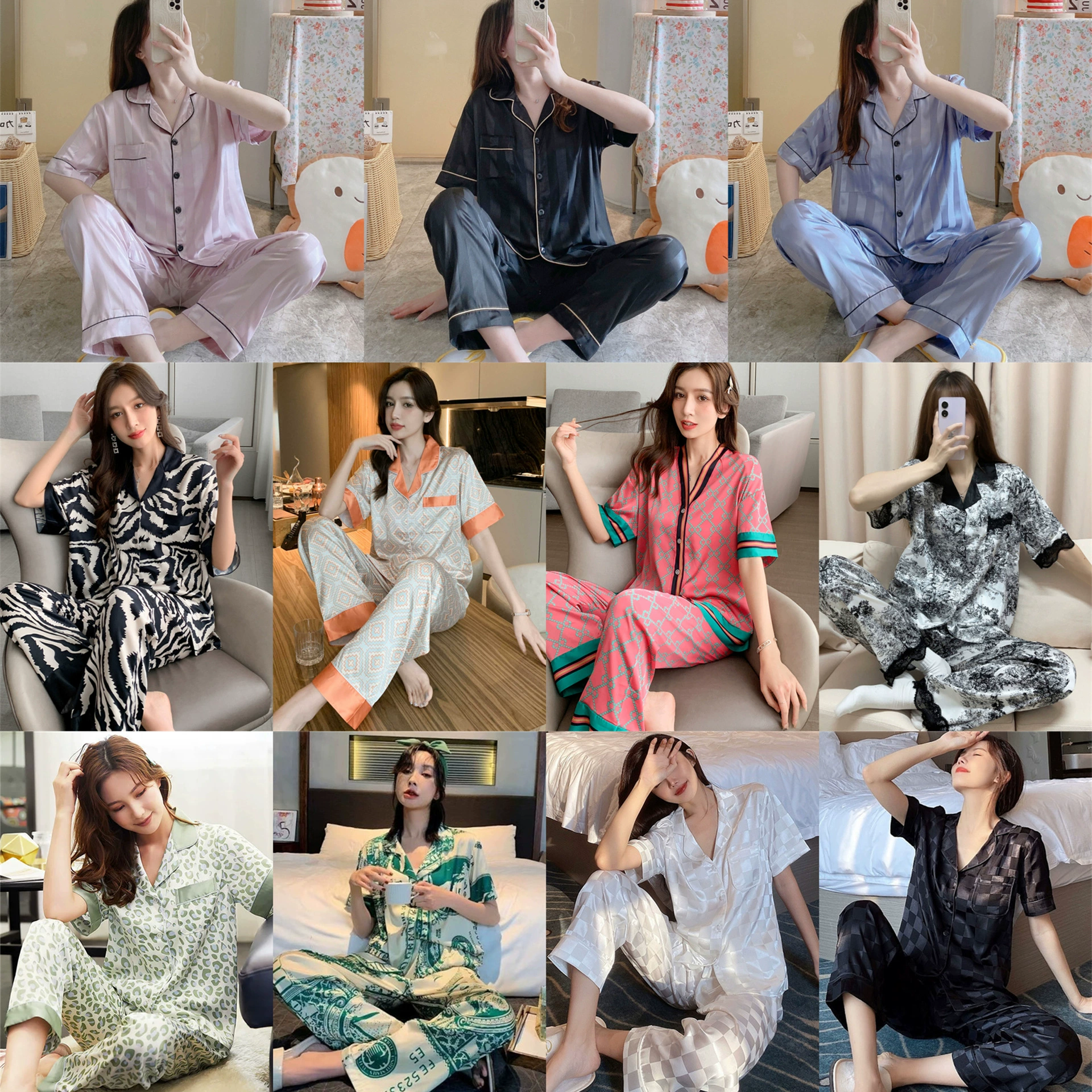 Женская пижама из ледяного шелка, новый летний тонкий костюм с короткими рукавами, летний костюм из искусственного шелка, стильная Домашняя одежда, 2023