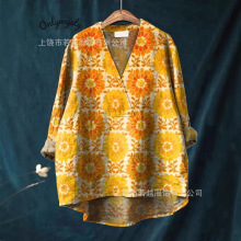 跨境 2025春季女装新款亚马逊速卖通宽松印花V领衬衫休闲女装T恤