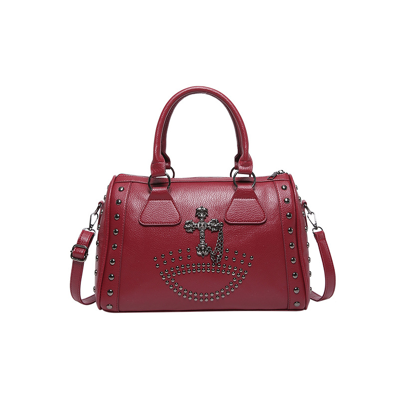 Cross-Border Large Capacity Punk Style Commuter Boston Cylinder Handbag For Women, Niche Retro Studded Shoulder Bag - Thumbnail 7