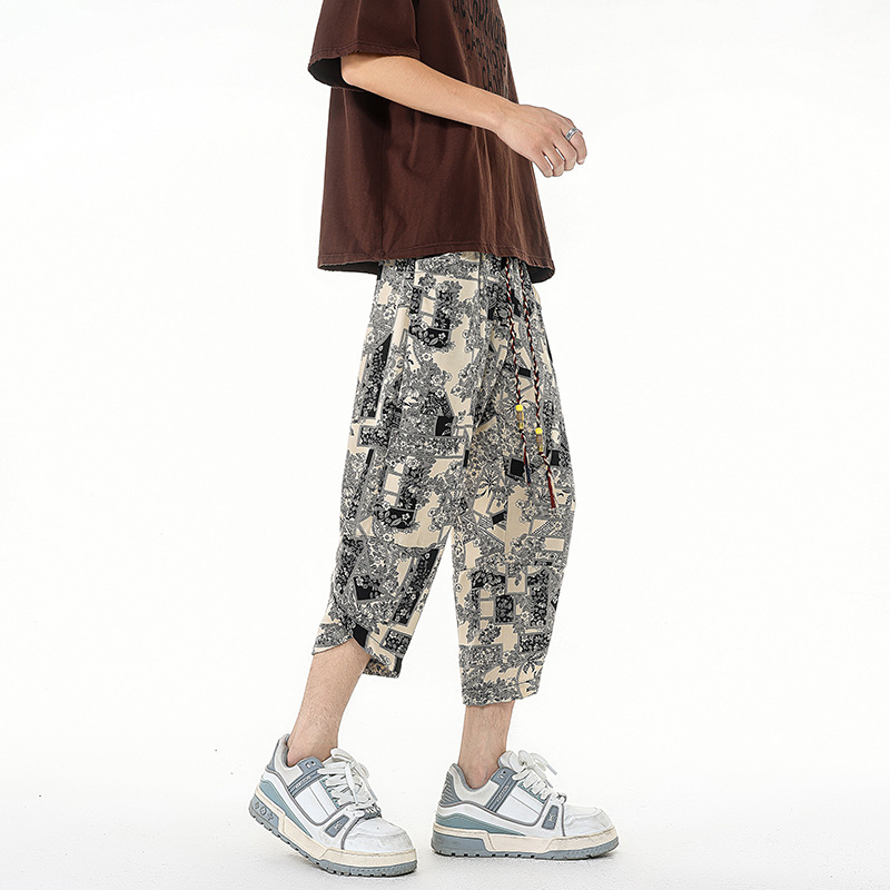 2025 Summer New Men's Casual Pants New Chinese Style Lightweight Ice Silk Cropped Pants Men's Loose Men's Harem Pants