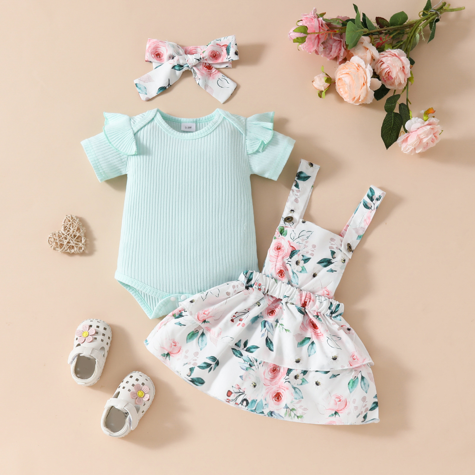 Comercio exterior para bebés y niños pequeños, mamela triangular de manga larga, mono, falda con tirantes con lazo, falda con traje de flores de plantas europeas y americanas