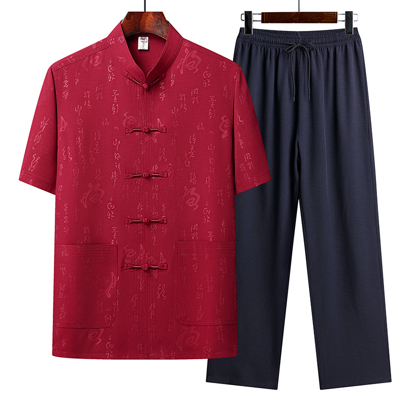 Chinese Style Men's Casual Suit Middle-aged and Elderly Short-sleeved Buckle Shirt Trousers Two-piece Ice Silk Tang Suit Dad Suit