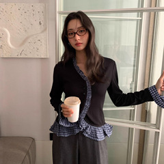 09.22十三行秋季25秋复古小众设计感假两件格子荷叶边衬衫女F6836