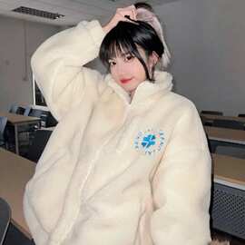 2022秋冬款新款外套女国潮宽松加绒加厚仿羊羔毛外套女百搭衣棉服