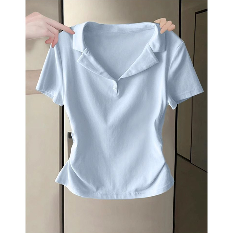 Cross-border Cotton Polo Shirt Short-sleeved T-shirt Women's Summer Slim-fit Korean-style Base Shirt Short Pleated Solid Color Half-sleeve Top