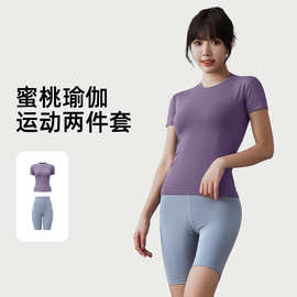 现货蜜桃臀瑜伽套装弹力时尚修身短袖短裤长裤运动健身套装两件套