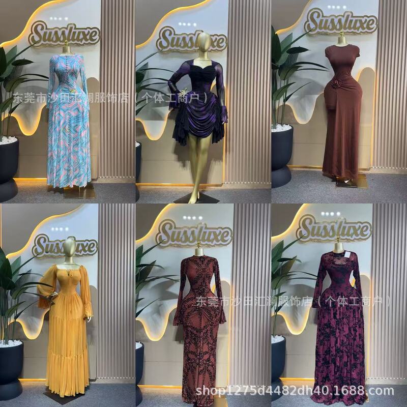 2026 Autumn European and American Women's Dresses Slim Fit Slit Long Dress Foreign Trade Women's Clothing Source Factory Wholesale in Stock