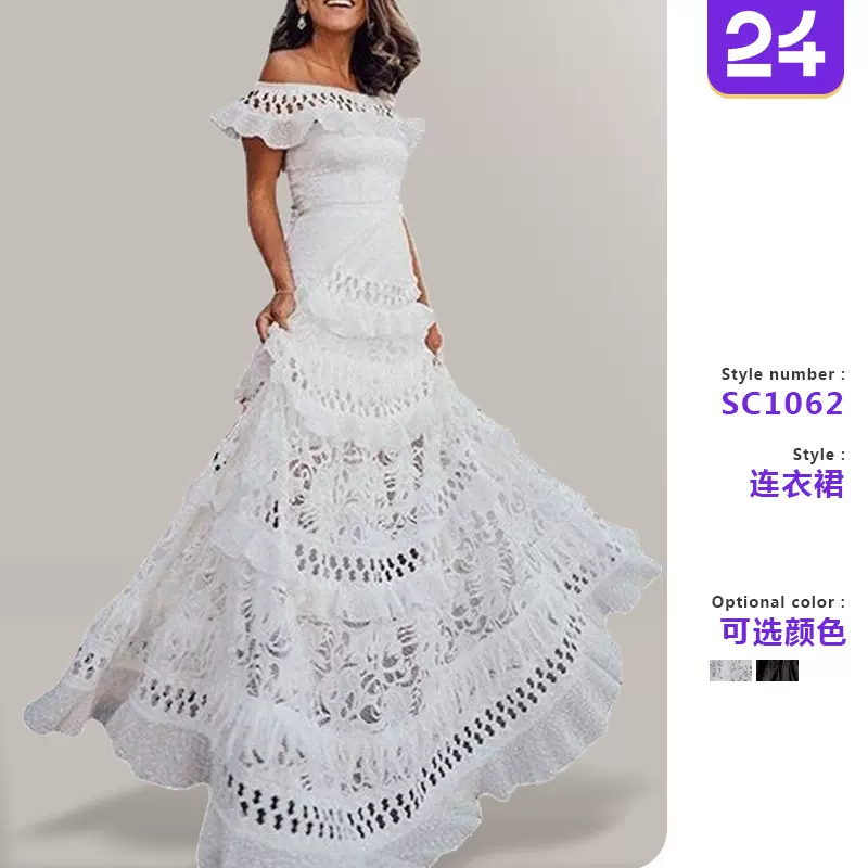 2026跨境夏新款欧美外贸女装一字肩荷叶边镂空大摆蕾丝连衣裙长裙