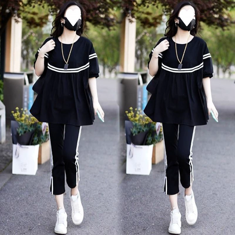 Женский повседневный костюм на лето 2024, новый свободный стройнящий костюм в Корейском стиле, закрывающий живот, модная спортивная одежда, костюм из двух частей