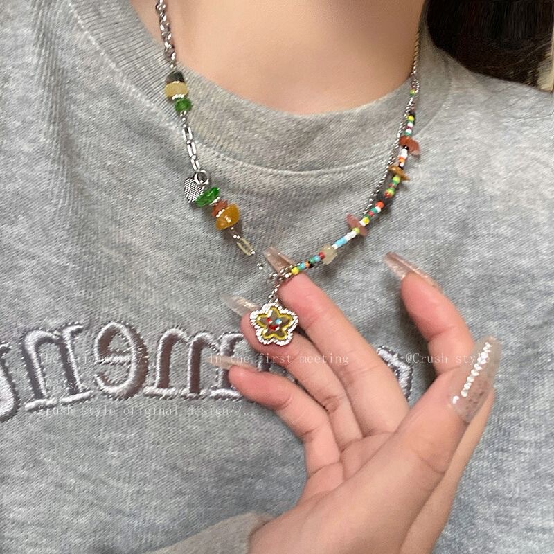 Colorful Stone Smiley Necklace Women's Light Luxury Niche Design Sense Y2K Millennium Style Collar Chain Sweet Cool Spice Girl Style Necklace Chain