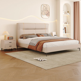 Italian Minimalist Double Bed, High-End Master Bedroom Bed, Modern Simple Small Apartment Soft-Packed Solid Wood First-Layer Cowhide Wedding Bed