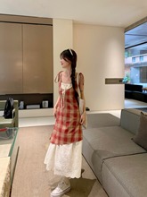 红色格子吊带裙女夏季海边度假风连衣裙假两件刺绣A字裙小众裙子