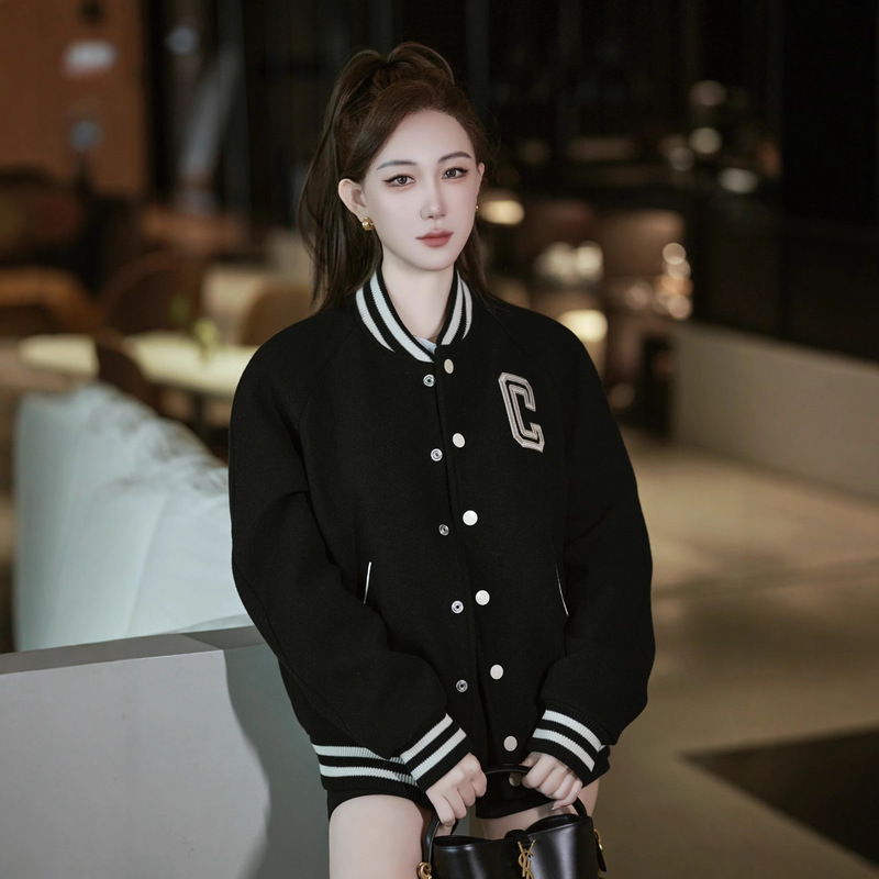 Ce Fashion Jacket High-Quality Wool Embroidered Letter Baseball Jacket Loose Fit Unisex