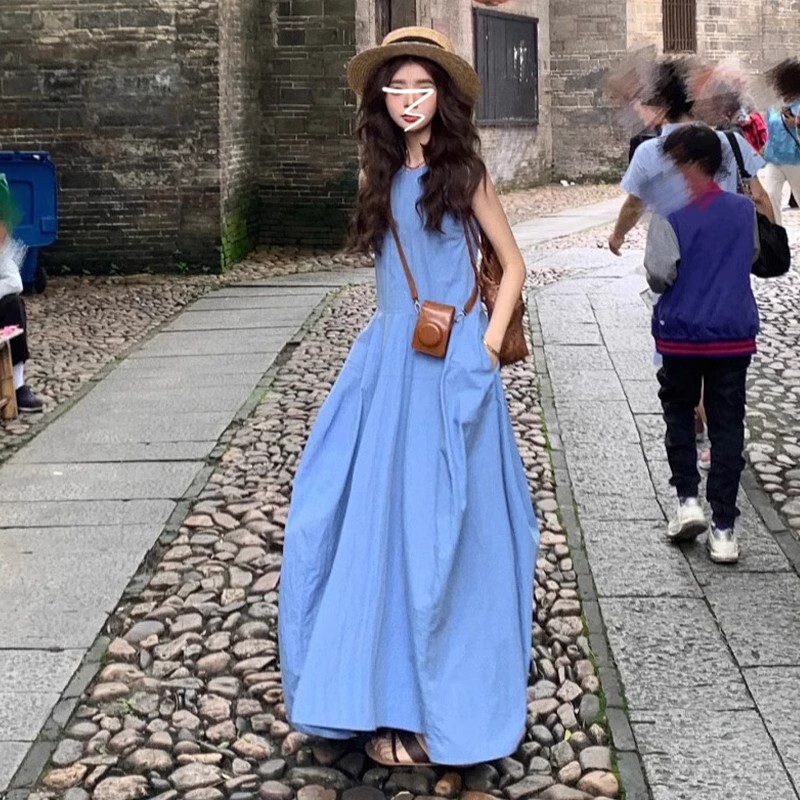 [original Method + Zipper] Korean Style Round Neck Large Skirt Vest Dress with Loose Design and Elegant Sleeveless Jumpsuit