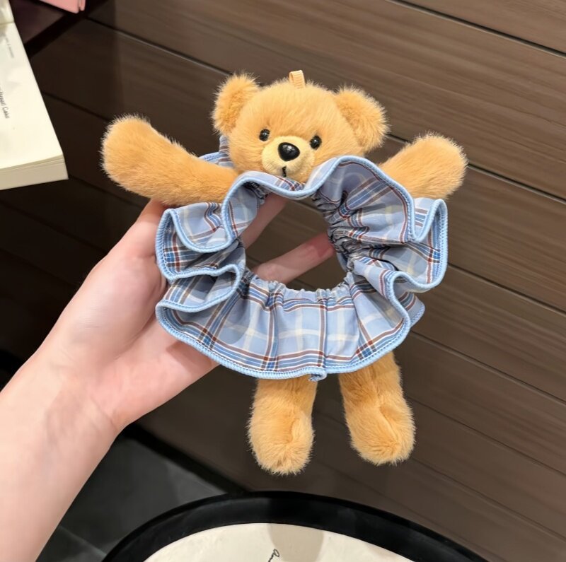 Cute and super stylish plush bear plaid scrunchie for playful bun hairstyles, hair accessory wholesale