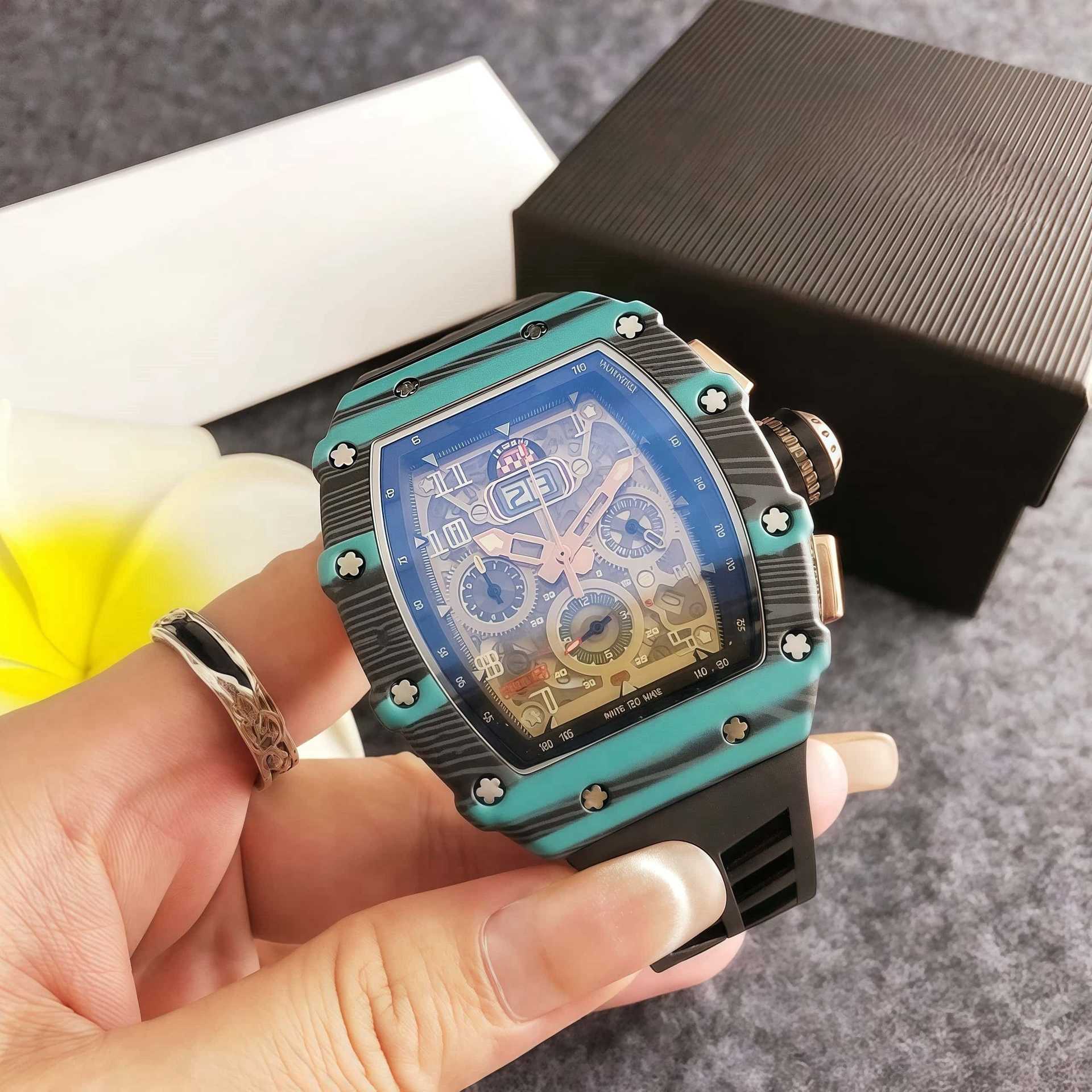 Double Curved Barrel Watch Three-Eye Six-Pin Chronograph Watch Silicone Barrel Watch Carbon Fiber Case Fashion Watch