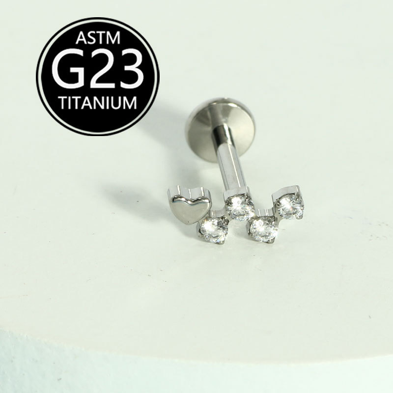 G23 Titanium Lip Nail Heart Diamond Ear Bone Nail Earrings 16g Labret Stud Body Piercing Jewelry Wholesale detail image 7