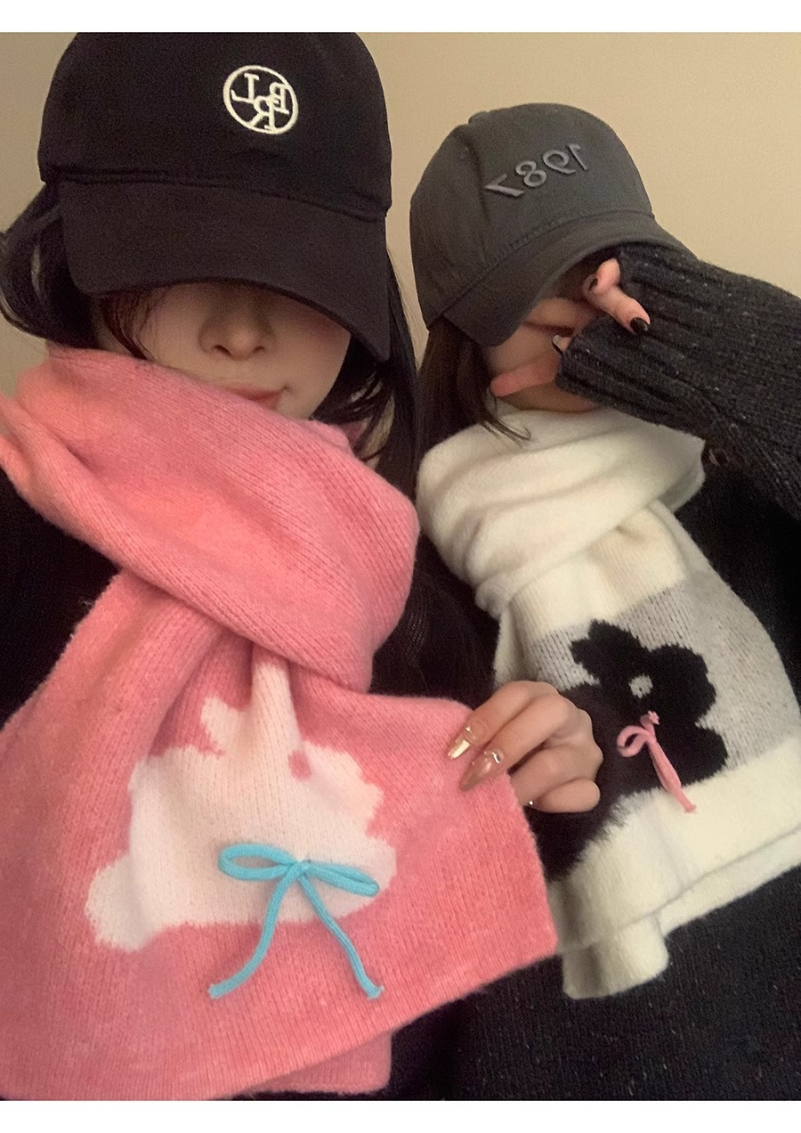 Winter 2024 New Warm Knitted Female Cute Rabbit Bow Leisure Outdoor Windproof and Cold resistant Scarf_voghion.com