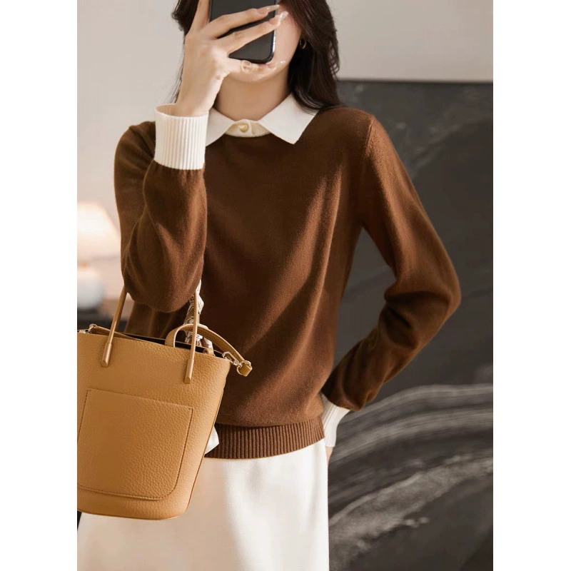 Возраст без ограничений интеллектуальный элегантный 2024 Контивный отворот, полный шерстяной вязаный пуловер женский осень-зима MLZYH33176