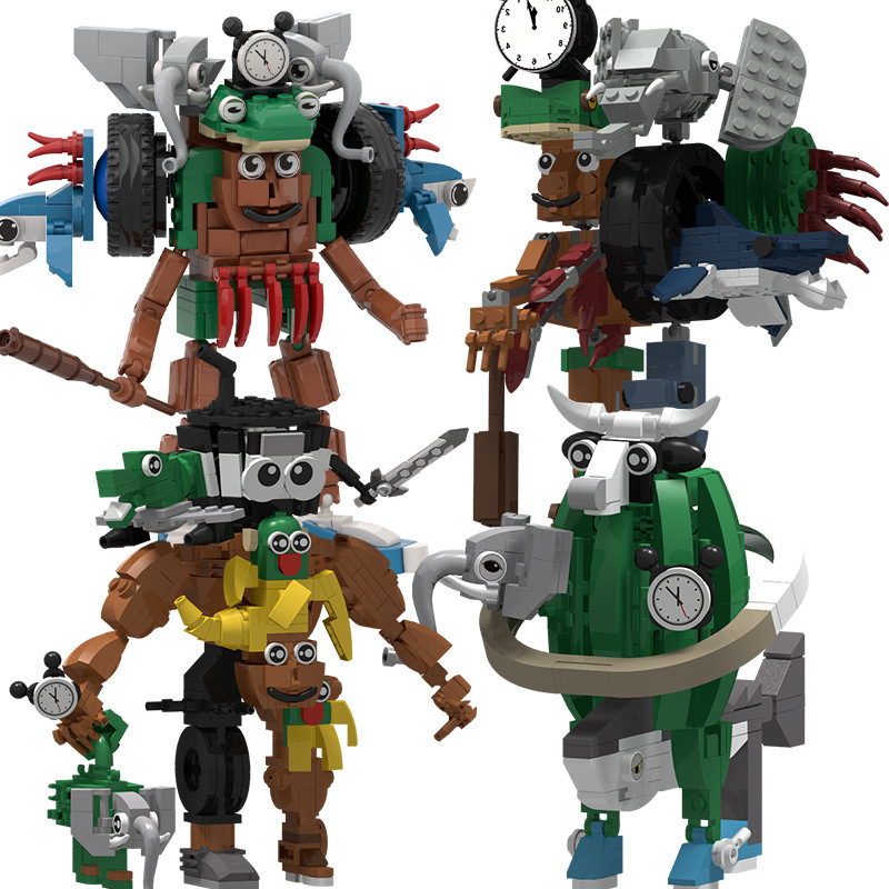 Popular Building Blocks Ai Shan Hai Jing Wooden Stick Man Fusion Monster Boss Series Children's Assembly Abstract Shark Figurine Toy