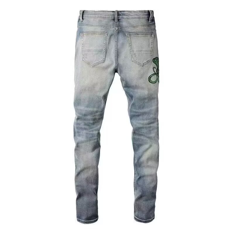 boy European And American High Street Trend Brand Vintage Distressed Niche Jeans For Men With Cobra Embroidery Patch Slim_voghion.com