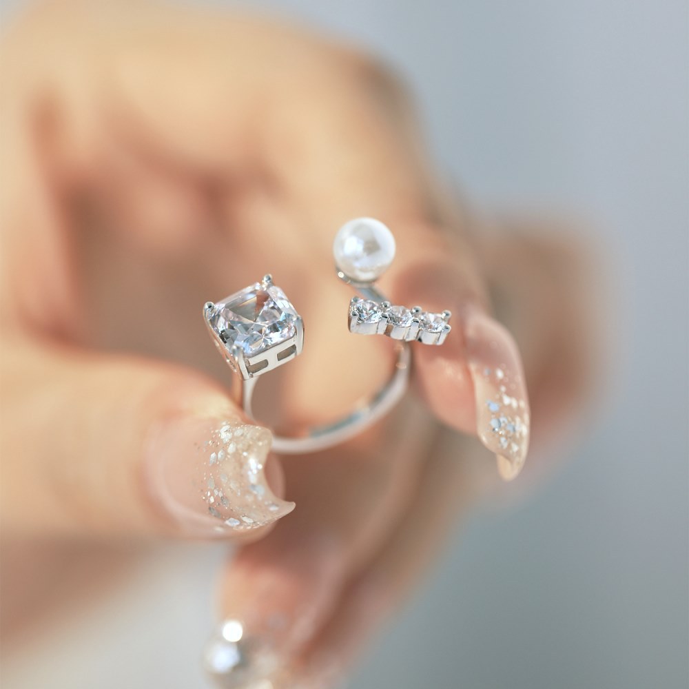 Fashion Geometric Sterling Silver Inlay Artificial Pearls Zircon Open Ring 1 Piece