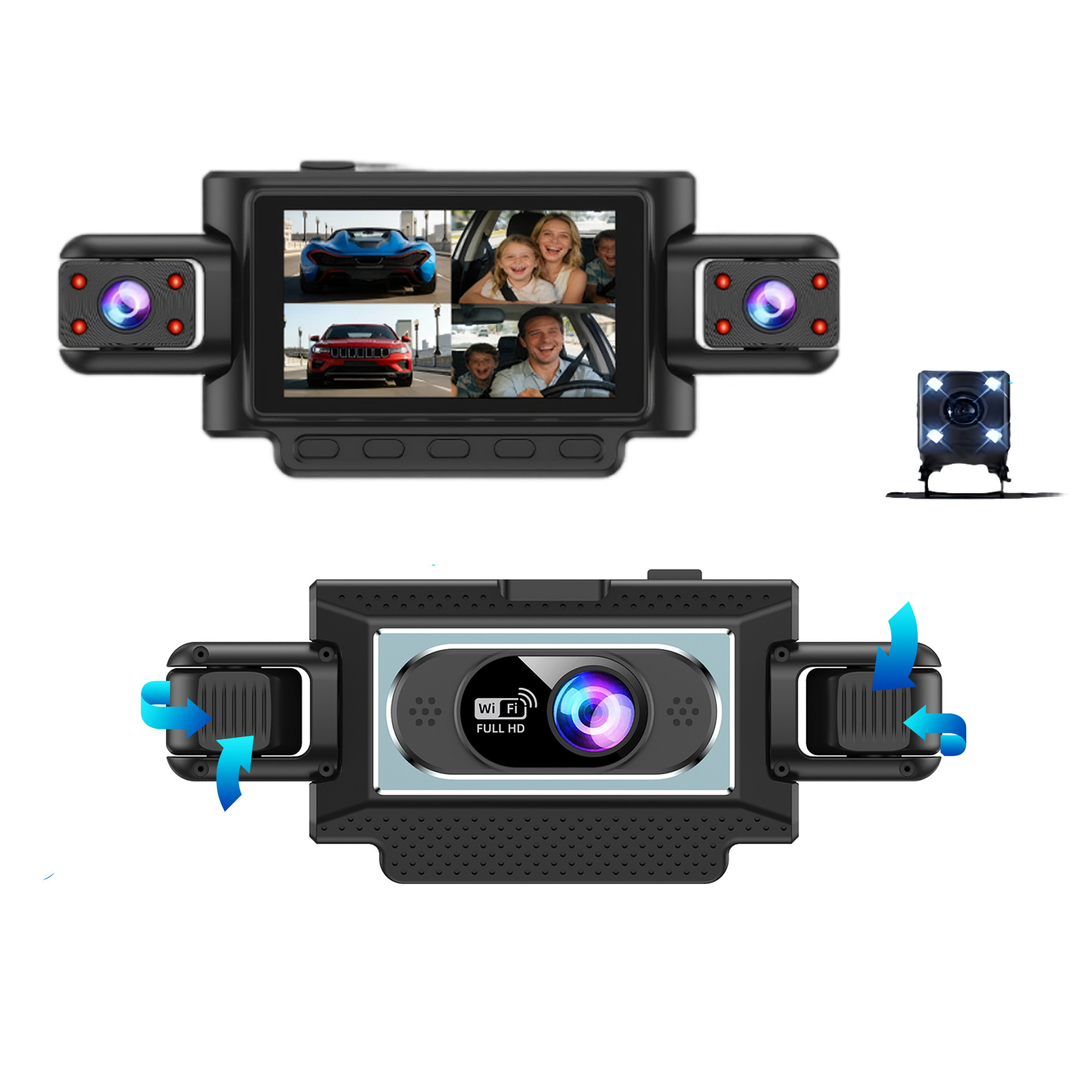 Cross-Border Hot-Selling 1080P High-Definition Dash Cam with Four Lenses, Wifi, 3inch Screens for Simultaneous Recording and Display of Reversing Images