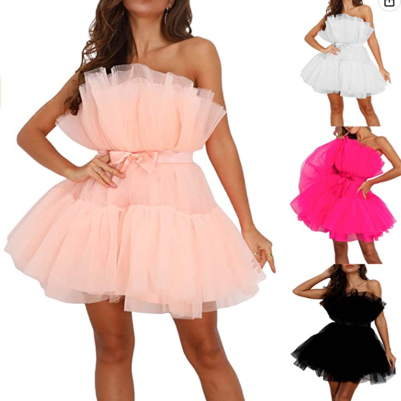 European And American Cross-border Strapless Mesh Elegant Bow Puff Skirt Dress For Women_ecoleips.com