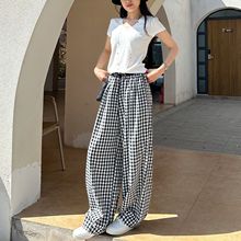 满满松弛感！轻薄垂顺黑白格子泡泡休闲裤女松紧腰显瘦百搭阔腿裤