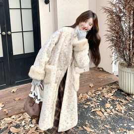 跨境彩点设计感毛茸拼毛呢外套女中长5冬季新夹棉加厚呢大衣图片