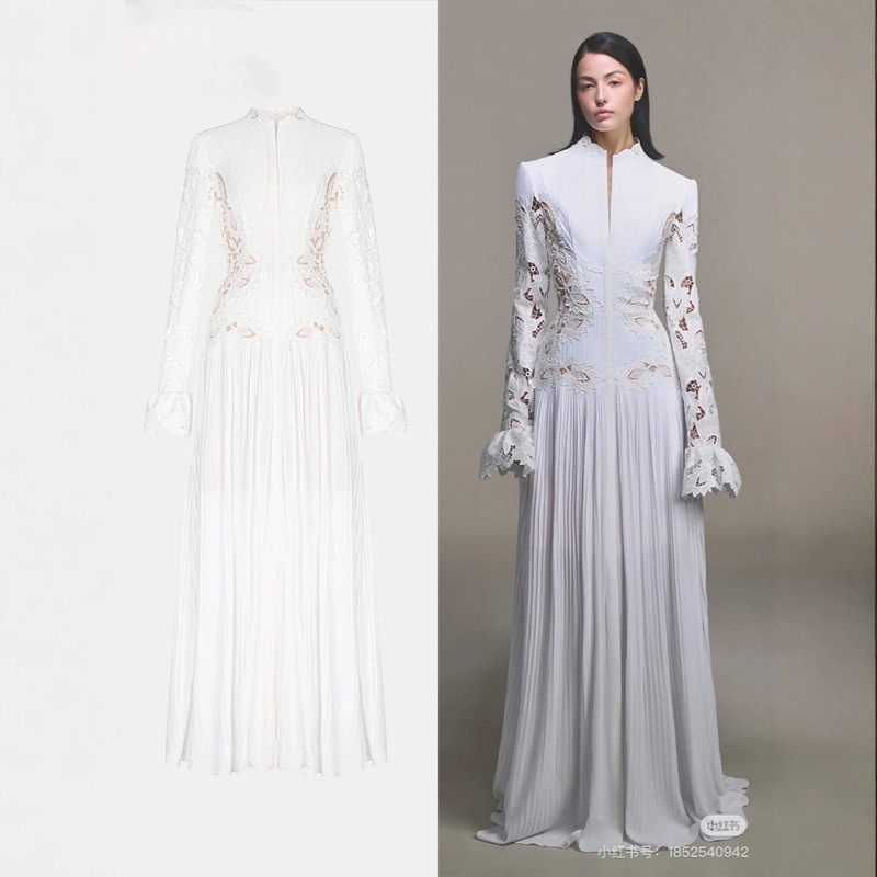 In-Stock Vietnamese Niche Design Lace Floor-Length Dress 2025 Spring/Summer White Hollow-Out Bell Sleeve Gown Dress