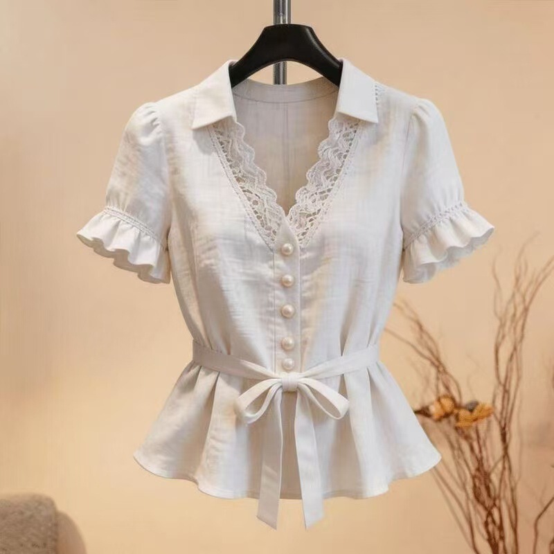 【Dropshipping】Pure and Elegant Versatile Short-Sleeve Lace Shirt, Waist-Cinching Slimming Short-Sleeve Shirt, Cross-Border In-Stock Items 【Dropshipping】Pure and Elegant Versatile Short-Sleeve Lace Shirt, Waist-Cinching Slimming Short-Sleeve Shirt, Cross-Border In-Stock Items