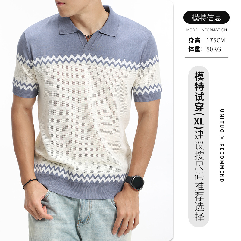 Verano hombre Paul rayas de punto gaviota cuello hielo seda polo camiseta de manga corta hombre casual de alto nivel con solapa ropa de hombre