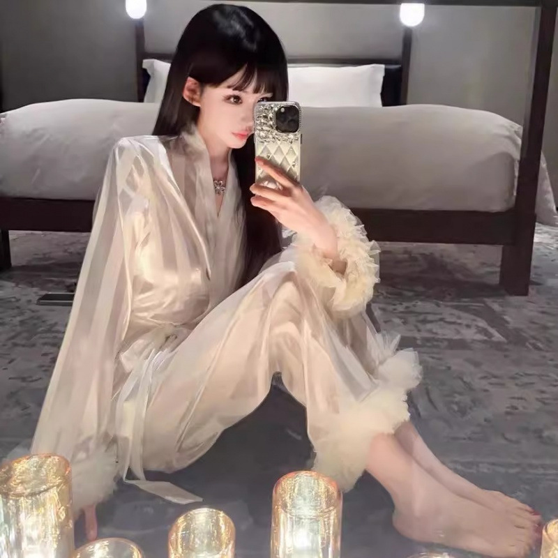 Long-Sleeved Long Pants Ice Silk Pajamas for Women Spring & Fall Elegant High-End Tall Home Clothes Two-Piece Spring Suit for Women