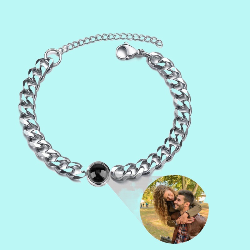 欧美跨境情侣投影手链定 制文字照片钛钢手饰男女情人节生日礼物
