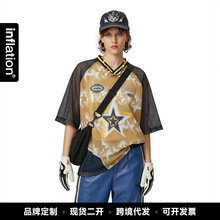 捷展男装|街头星纹网洞球衣短袖2026春夏美式网眼透气T恤上衣定制