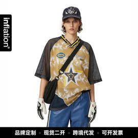 捷展男装|街头星纹网洞球衣短袖2026春夏新品美式网眼透气T恤上衣